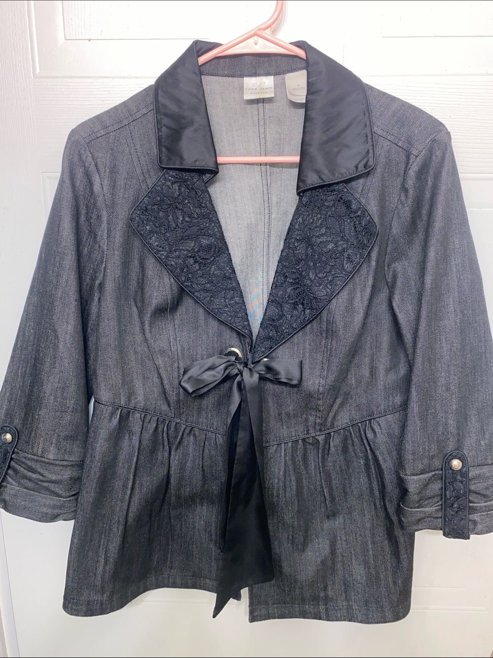 Emma James Charcoal Black Peplum Jacket with Satin Collar embroidered